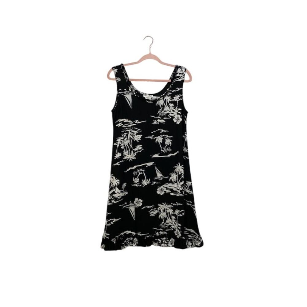 VTG PARADISO Womens M Black White Hawaiian Tropical Flowy Rayon Dress Summer